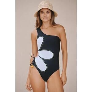 Farm Rio Giant Flower One Shoulder One Piece Swimsuit Women's Size L Black